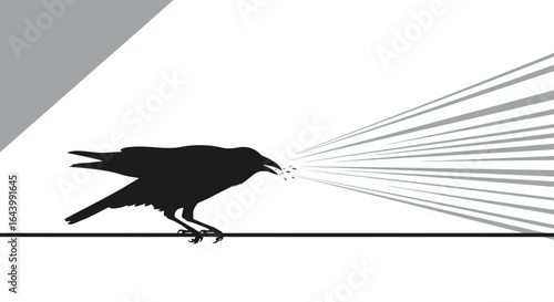 A striking monochrome graphic illustration of a crow perched on a wire, emanating sound waves