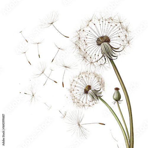 Elegant Dandelion Seed Heads, Botanical Illustration, Whimsical, Soft Lighting, Nature, Tranquil Mood,  Floral Design Element.