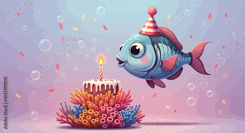 Adorable cartoon fish wearing party hat celebrates birthday underwater scene