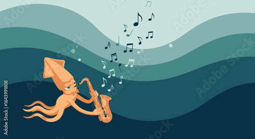 A talented squid playing saxophone underwater creating melodic tunes illustration