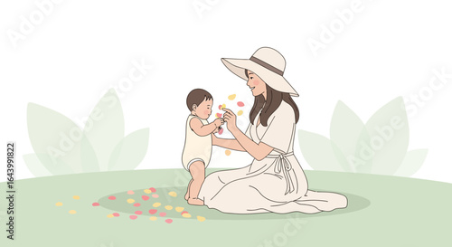 A tender moment between a mother and her baby on a grassy field with flower petals creating a sense of maternal love and carefree childhood