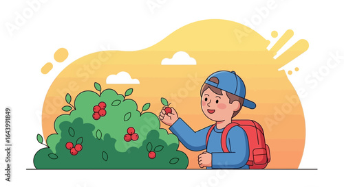 A cheerful young boy picking ripe red berries from a lush green bush outdoors