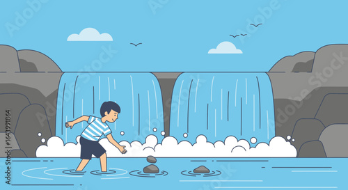 A child balances rocks near a waterfall, embraced by nature's serenity offering a moment of harmony and peaceful outdoor adventure
