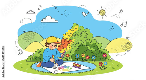 A child drawing with colored pencils in a park surrounded by nature elements and musical notes