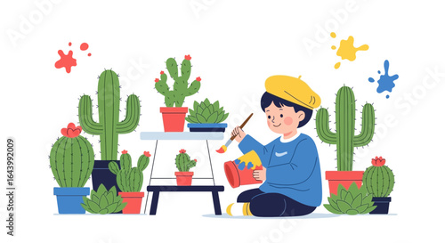 A child with beret painting a flowerpot among various potted cactus plants smiling cheerfully in vector art style illustration