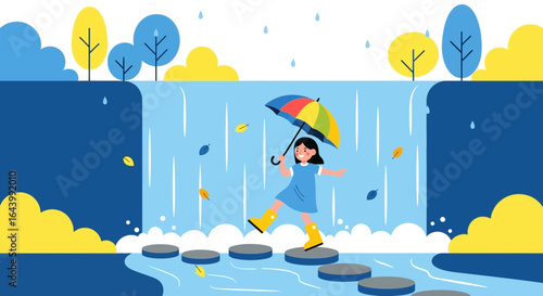 A child walking through a whimsical waterfall landscape holding umbrella vector illustration for children's story or book
