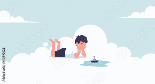 A Child's Dream: Boy Imagining Adventures with a Toy Boat on a Cloud Sea