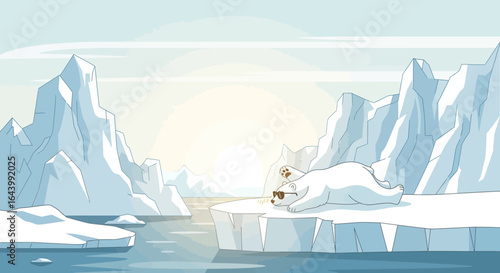 A Chill Polar Bear Relaxing on Iceberg with Sunglasses in Arctic Landscape Illustration