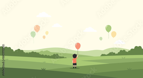 A child's whimsical journey holding a balloon amidst a serene, green landscape dreaming of flights