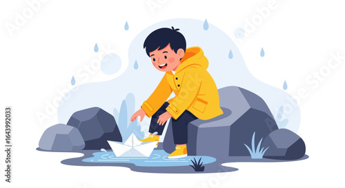 A child's rainy day adventure: playing with paper boat in a puddle on a rainy day