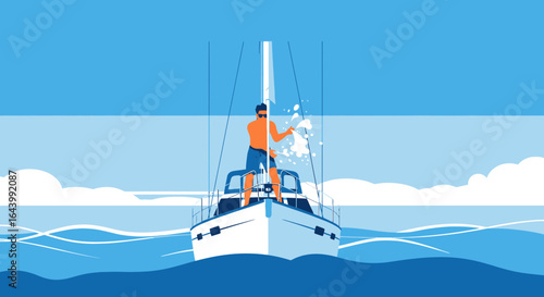 A Vector Illustration of a Man Cleaning a Sailboat at Sea Under a Clear Sky Showing a Maritime Scene