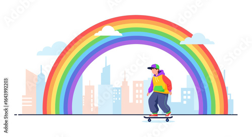 A Colorful Urban Scene: Skateboarder Under a Rainbow with City Skyline Backdrop