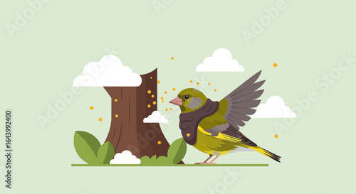 A vibrant illustration of a greenfinch bird taking flight near a stylized tree and clouds against a pastel green backdrop