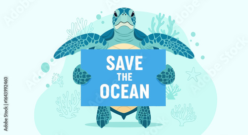 A Vibrant Illustration of a Turtle Advocating to Save the Ocean for Marine Life