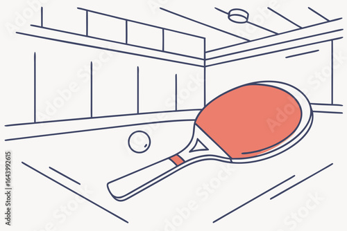 Table tennis paddle meeting ball in a fast-paced rally under indoor gym lighting, modern flat illustration style.