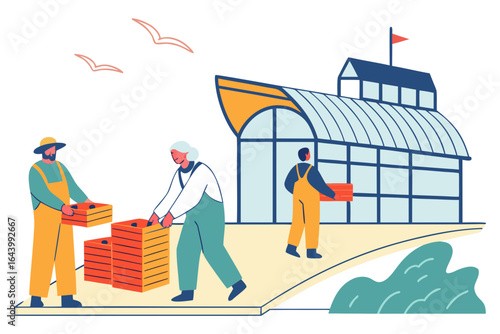 The famous seafood market in Scheveningen, with fishermen unloading crates of North Sea fish and locals queuing for kibbeling, modern flat illustration style.