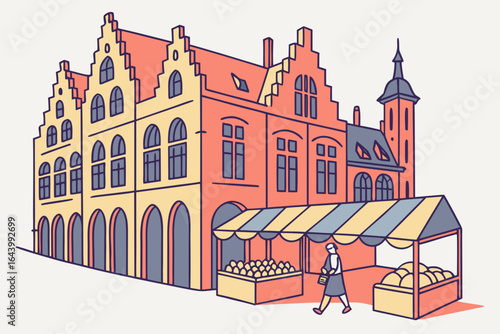 The historic Friday market in Bruges, Belgium, with cheese, bread, and lace vendors set against medieval guild houses, modern flat illustration style.