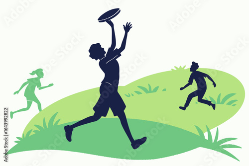 Ultimate frisbee player leaping to catch a disc on a grassy field with teammates running in the background, modern flat illustration style.