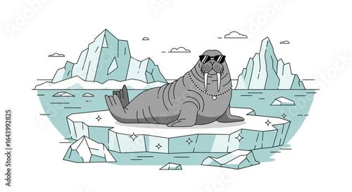 A cool walrus chilling on an iceberg with sunglasses in a minimalist vector style