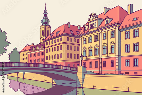 Watch the colorful buildings of Wrocław, Poland, mirrored in the Oder River beside quiet footbridges in modern flat illustration style.