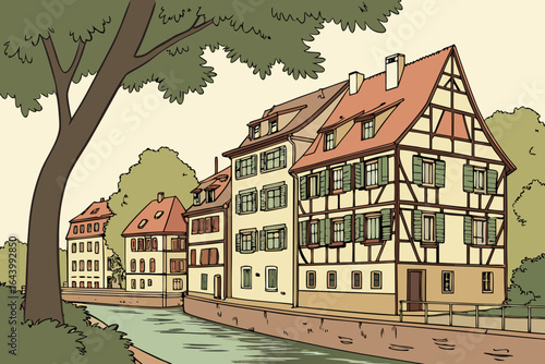 View the tree-shaded waterways of Strasbourg, France, with half-timbered houses along the Ill River in modern flat illustration style.