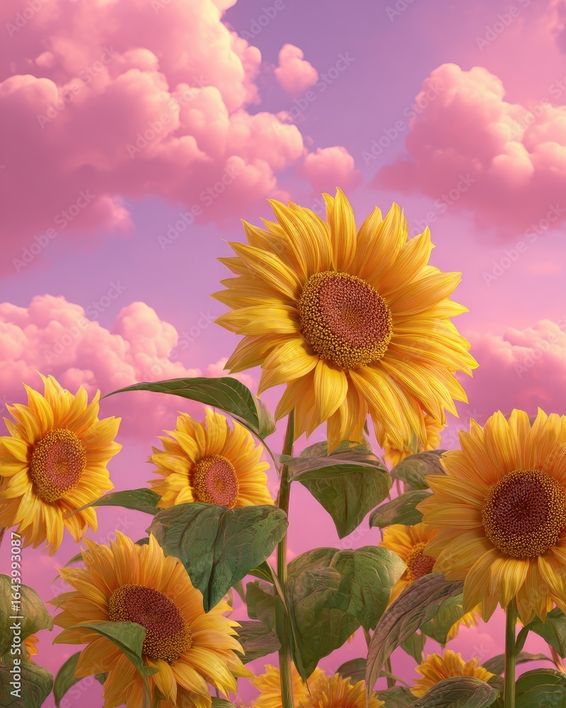 Obraz premium Vibrant sunflowers dominate the foreground against a dreamy, pastel pink sky filled with fluffy clouds