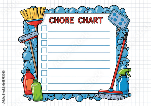 Cartoon Chore Chart with Cleaning Supplies Border and Blank Checklist