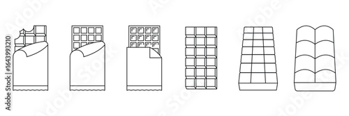Chocolate bar variations icon, minimalist cocoa snack, sweet dessert, snack bites, bakery treats, gourmet piece, celebration design, cartoon outline, stylized confection, party set, melting slab vecto