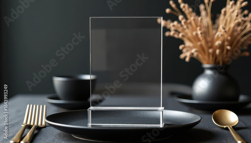 Table number mockup. Minimal table card mockup with gold cutlery and dark style