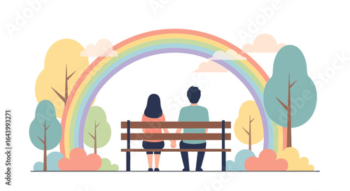 A couple sitting on a bench under a rainbow in a colorful and serene park scene