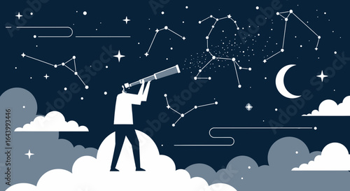 A visionary explorer on cloud nine: Unveiling celestial secrets through a telescope on a dreamy nightscape