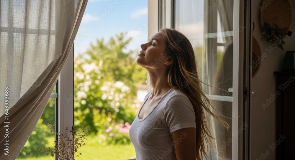 Serene woman enjoying fresh air by open window on a sunny day Serene woman enjoying fresh air by open window on a sunny day