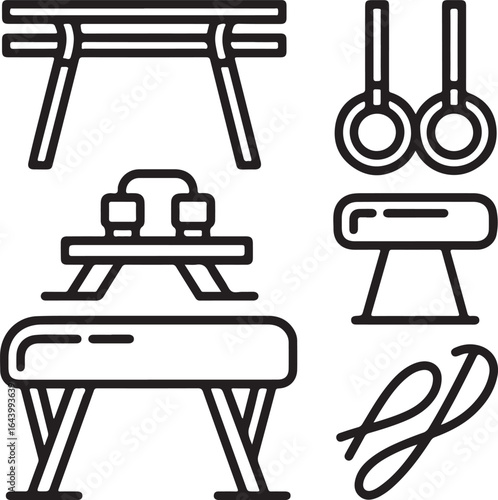 Gymnastics Apparatus Icon Set Balance Beam, Uneven Bars, Rings, Vault Table, Floor Mat, Pommel Horse, and Ribbon Stick Vector Line Collection