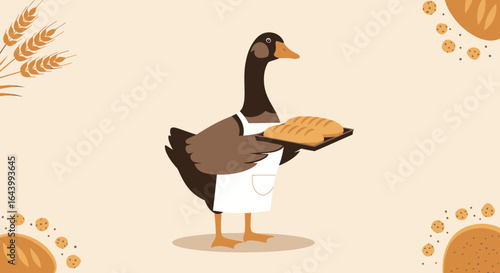 Adorable duck baker presenting freshly baked bread in a charming culinary illustration