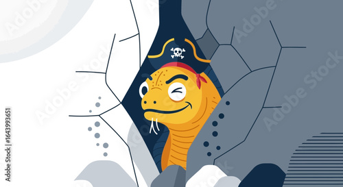 A whimsical cartoon illustration featuring a snake dressed as a pirate in a cave