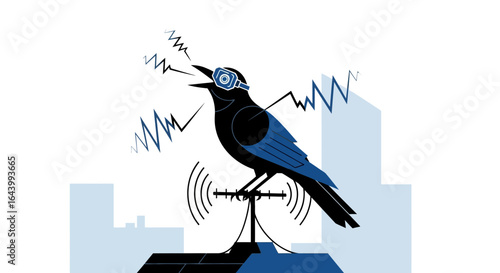 A crow wearing goggles perched atop an antenna transmitting sound waves into the city