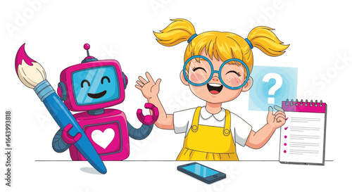 A cute cartoon illustration of a girl and a robot working together on a project