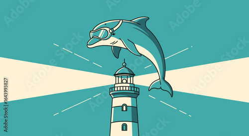 A whimsical depiction of a dolphin wearing goggles leaping over a beaming lighthouse