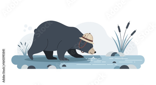 A whimsical depiction of a bear explorer in its natural habitat crossing the river
