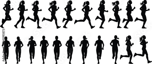 Diverse Silhouettes of Female Athletes Running and Jogging in Various Poses, Ideal for Fitness, Health, and Active Lifestyle Concepts, Dynamic Black and White Vector Graphics"