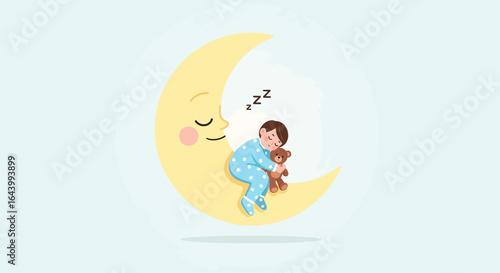 A cute illustration of a baby sleeping on the moon hugging a teddy bear design