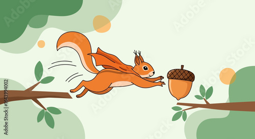 A cute squirrel with a cape jumps for an acorn in a whimsical cartoon forest landscape on a sunny day
