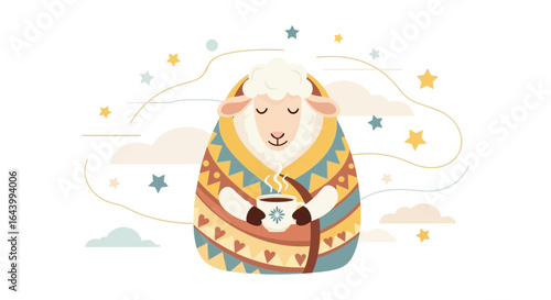 A cute sheep wrapped in a blanket and drinking warm beverage illustration isolated on white background suitable for winter holidays
