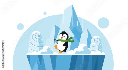A cute penguin with a scarf walks happily on an iceberg on a winter day illustration
