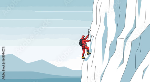 A daring climber ascends a steep, icy mountain face with determination and skill for challenge adventure sports illustration cold season