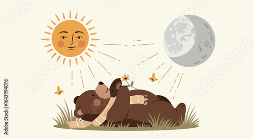 A whimsical illustration of a bear dreaming under the sun and the moon combined