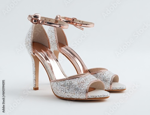 Rose gold and white glitter peep-toe heels with ankle straps on a white background