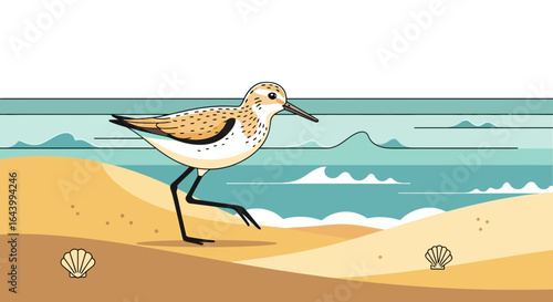 A delightful depiction of a sandpiper bird prancing along the sandy shore of the ocean with a charming seascape background