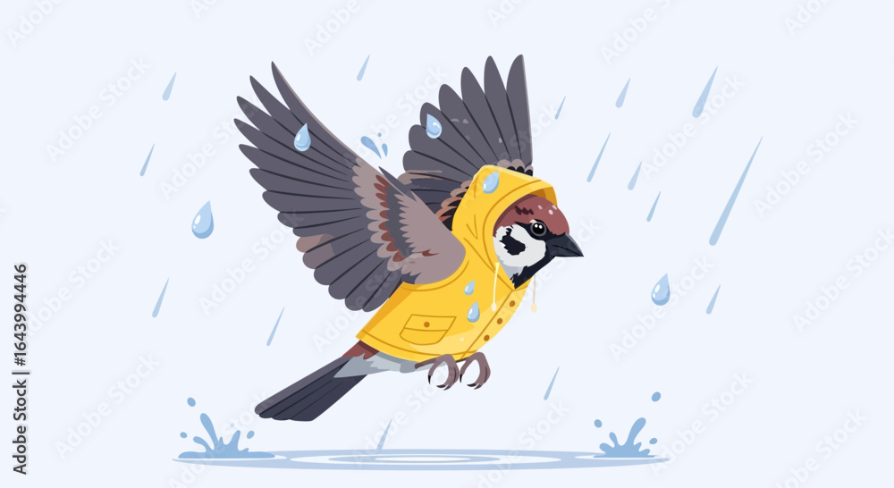 Obraz premium A delightful illustration of a sparrow wearing a yellow raincoat in the rain weather