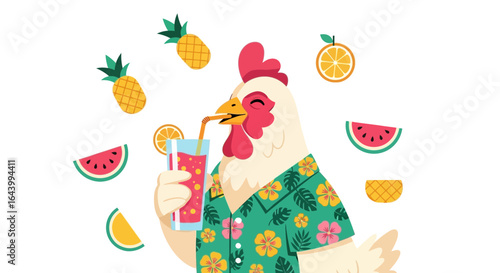 A delightful illustration of a rooster enjoying a tropical drink in a summer setting, filled with fruit icons